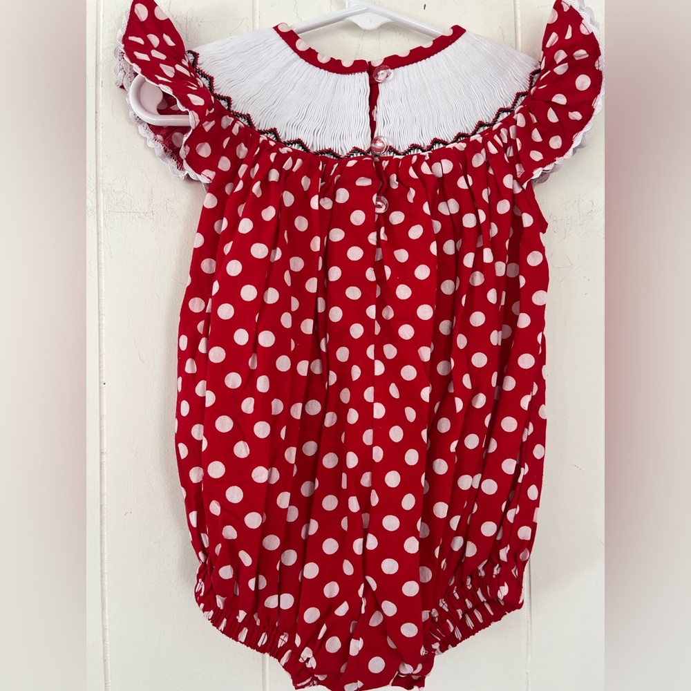 Pleats & Stitches Mouse Ears Smocked Romper Red Polka Dot Minnie Bubble 6 Months - Picture 2 of 15
